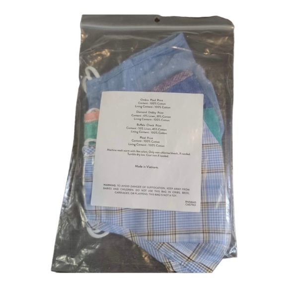 𝅺Nordstrom Blue Plaid, Pink Plaid And Blue Set of 3 Face Masks - Picture 2 of 2